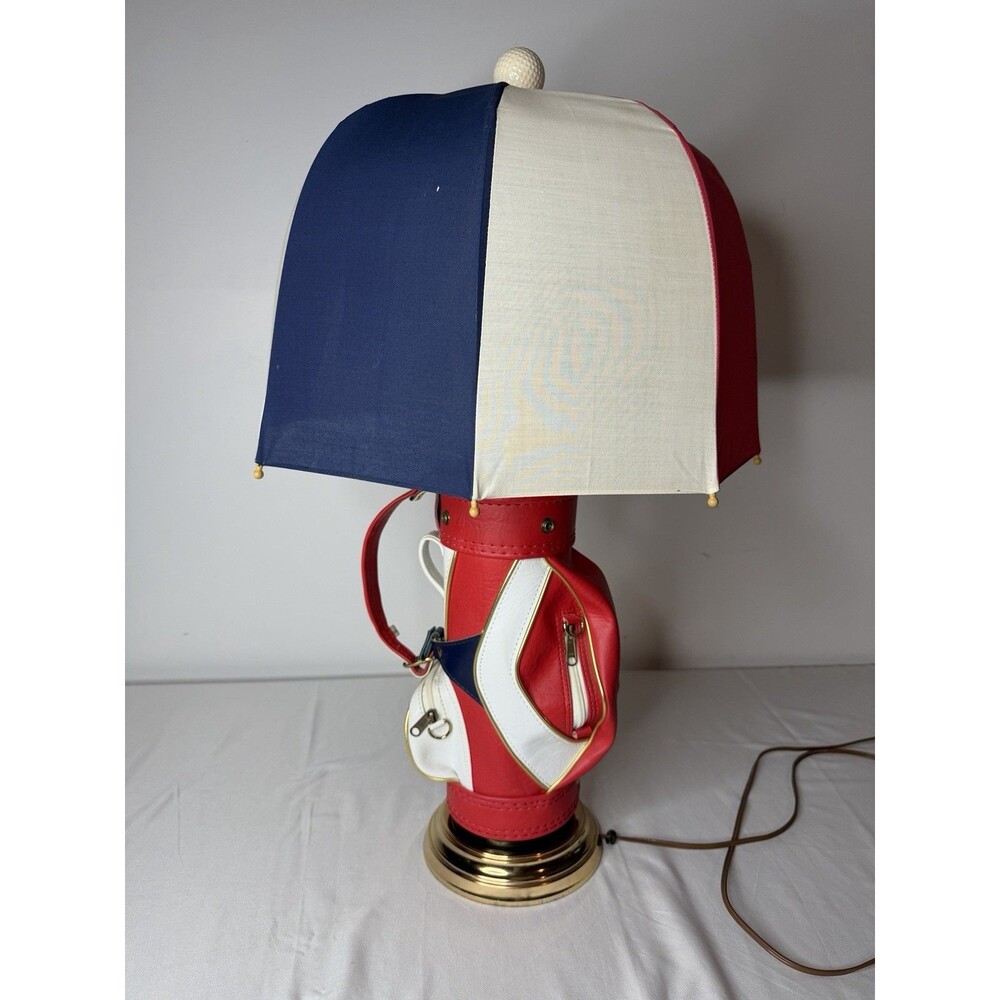 Vintage 1970s Dura Bag Golf Bag Lamp Umbrella Shade Red White Blue 28” Works